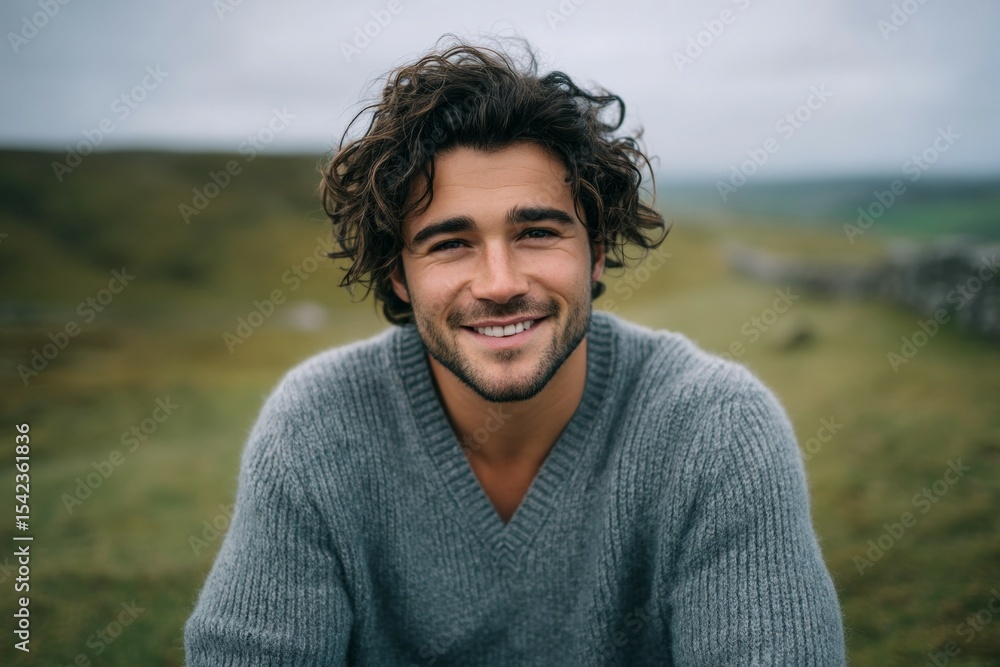 Smiling young caucasian male relaxing outdoors with scenic landscape in background Smiling young caucasian male relaxing outdoors with scenic landscape in background