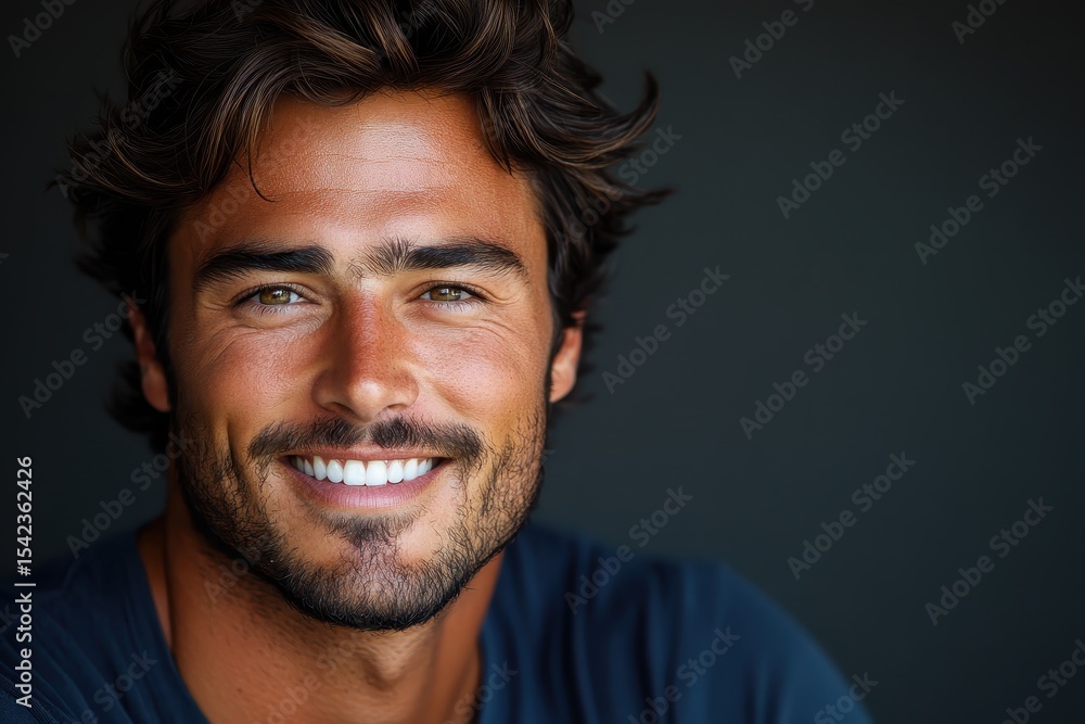 Close-up portrait of a smiling young man with brown curly hair, wearing a white t-shirt against a dark gray background in a studio setting Close-up portrait of a smiling young man with brown curly hair, wearing a white t-shirt against a dark gray background in a studio setting