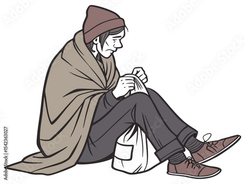 Homeless Person Alone on Clean Background