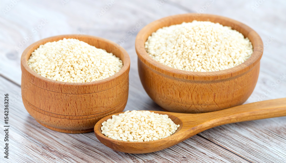 Sesame seeds in wooden bowls and spoons on rustic surface Sesame seeds in wooden bowls and spoons on rustic surface