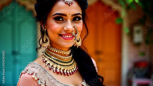Elegant Indian Bride Walking Gracefully in Courtyard Wearing Traditional Peach Lehenga – Slow Motion Shot, Generative Ai.
