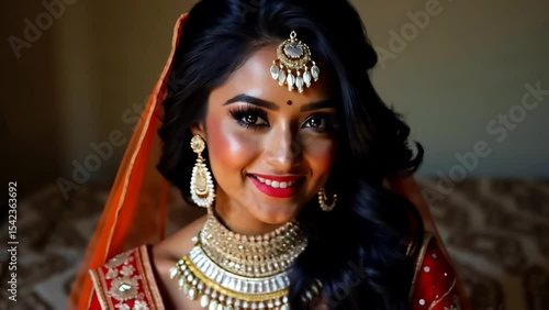 Elegant Indian Bride in Red Lehenga Smiling While Sitting on Bed – Medium Close-Up Bridal Portrait with Soft Natural Light, Generative Ai.