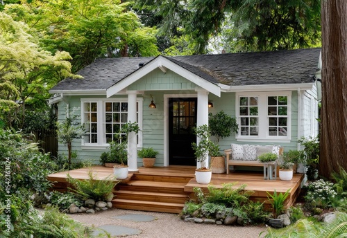 Fototapeta Naklejka Na Ścianę i Meble -  A small front porch with wood floors and green walls, a small garden table on the right side of the entrance door