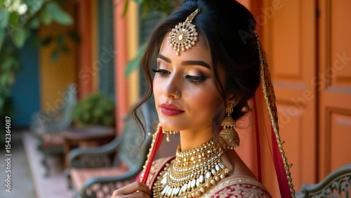 Close-Up Bridal Portrait of Elegant Indian Bride in Traditional Red Lehenga, Smiling and Gently Turning in Courtyard — Warm Light, Regal Jewelry, Generative Ai.