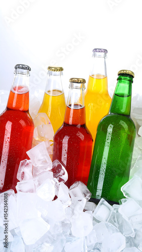 Ice-cold drinks in glass bottles and cans on ice