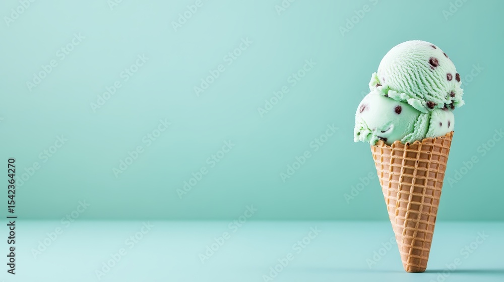 A refreshing scoop of mint chocolate chip ice cream atop a waffle cone, capturing the essence of summer, delight, and indulgence in a delightful frozen treat. A refreshing scoop of mint chocolate chip ice cream atop a waffle cone, capturing the essence of summer, delight, and indulgence in a delightful frozen treat.