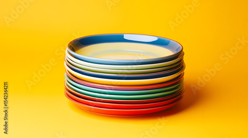 Colorful stack of ceramic plates on bright yellow background creates vibrant and cheerful scene