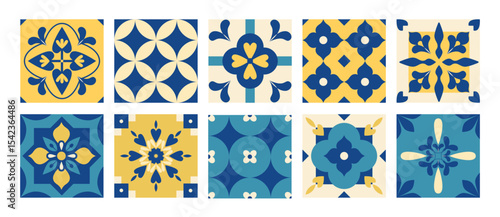Mediterranean traditional pattern. Greek, Italian, Portuguese, Spanish blue and yellow tiles. Floral geometric square background. Wall and floor interior design. Amalfi coast. Mosaic. Vector.