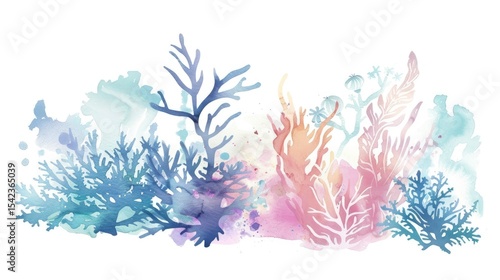 Fototapeta Naklejka Na Ścianę i Meble -  Watercolor artwork shows coral reefs in pastel colors. Soft blues, pinks, and oranges blend together, creating a delicate and beautiful underwater design