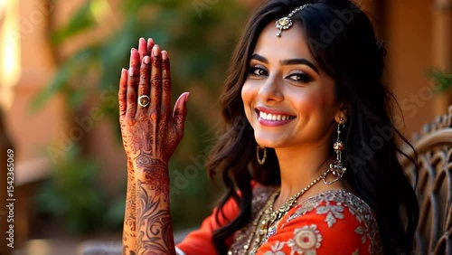 Elegant Indian Bride in Orange Embroidered Lehenga with Mehndi Posing Gracefully | Close-Up Shot in Natural Light, Generative Ai.