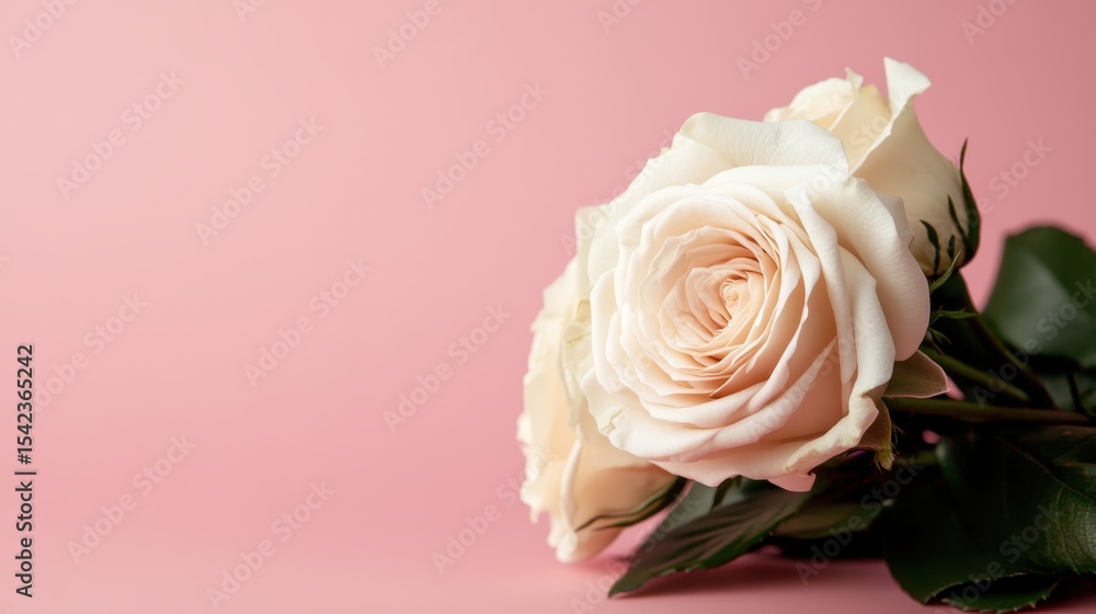 Fototapeta premium A beautiful white rose lies gently against a soft pink background, symbolizing purity and elegance, making it an ideal image for romantic themes or special occasions.
