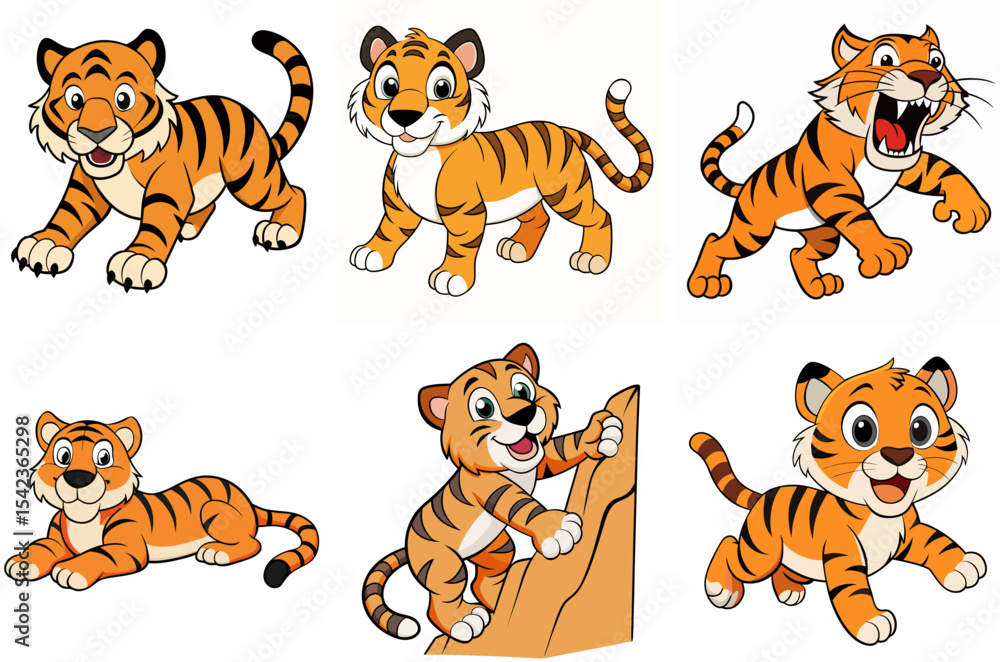 Obraz premium Cartoon Tiger Poses Orange And Black Predator Cute Feline Wildcat