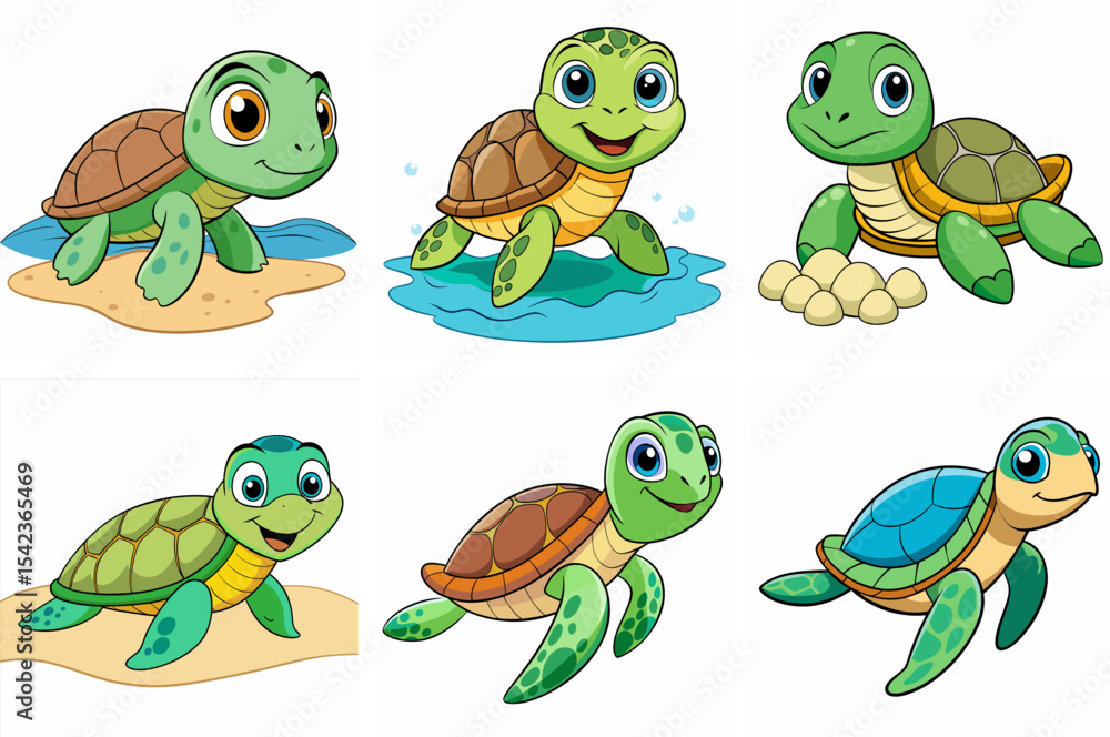 Obraz premium Adorable Cartoon Turtle Illustration Collection of Sea and Land Animals