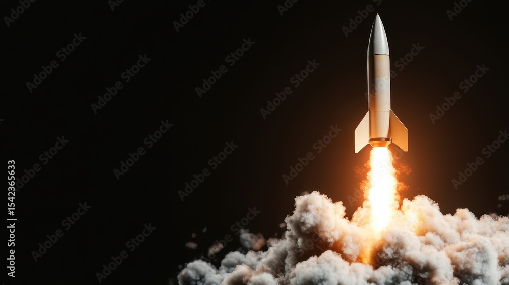 Naklejka premium A powerful rocket launches into the sky, trailing fiery exhaust amid thick clouds, symbolizing exploration, ambition, and the relentless pursuit of reaching new heights.