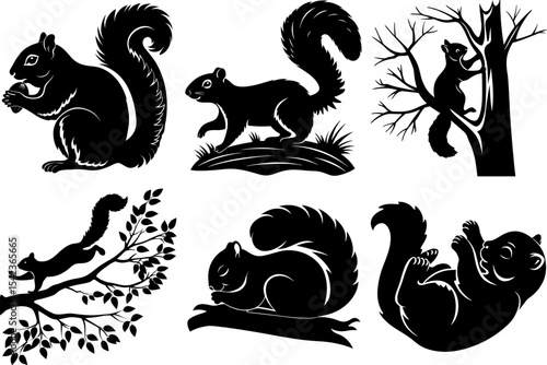 Squirrels Doing Squirrel Things Black and White Cartoon Vector Silhouette Graphics