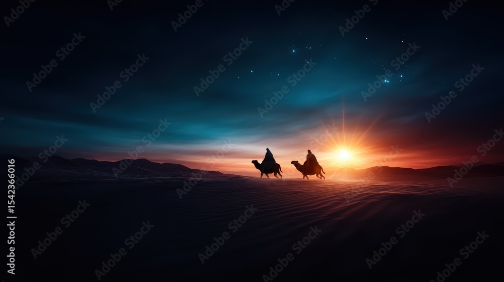 Fototapeta premium A dramatic sunset scene capturing the silhouette of two figures riding camels, evoking a sense of adventure, exploration, and the beauty of nature's transitions at dusk.