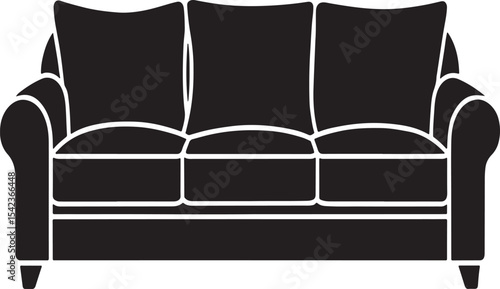 Simple black silhouette of a three seater sofa with pillows