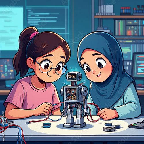 Child Scientists at Work – 2D Cartoon Illustrations Featuring Diverse child in STEM Activities 