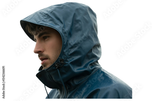 Close up of a man in a blue hooded raincoat looking to the left against a white background
