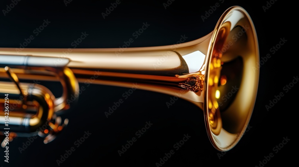 Obraz premium A close-up of a shiny brass trumpet reflecting warm light against a black background, highlighting its exquisite craftsmanship and musical elegance.