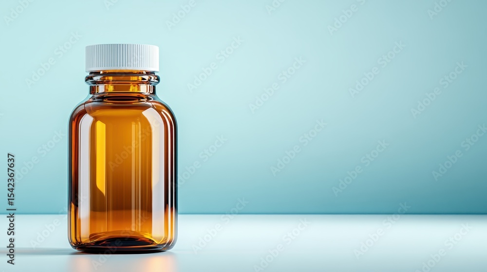 This image features a clear amber glass bottle with a white cap, set against a soft blue backdrop, ideal for product display, packaging, or pharmaceutical designs. This image features a clear amber glass bottle with a white cap, set against a soft blue backdrop, ideal for product display, packaging, or pharmaceutical designs.