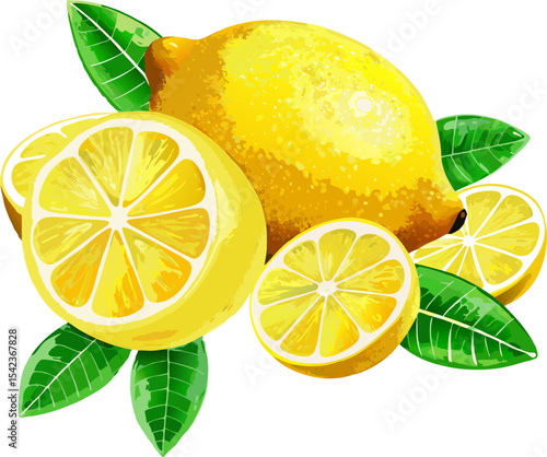 A citrus arrangement featuring a lemon with surrounding leaves and slices, creating a clean and refreshing composition 