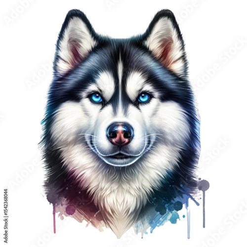 Siberian Husky Portrait: An artistically enhanced portrait of a Siberian Husky, its striking blue eyes and plush fur radiating charm and character.