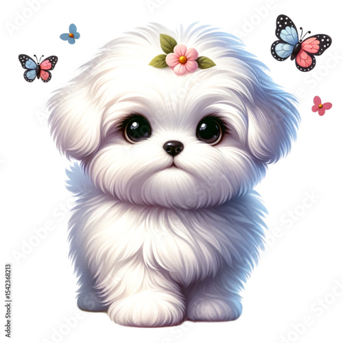 Cute Puppy with Butterflies: A cute illustration of a fluffy puppy with big, adorable eyes, surrounded by delicate butterflies and adorned with a flower crown.