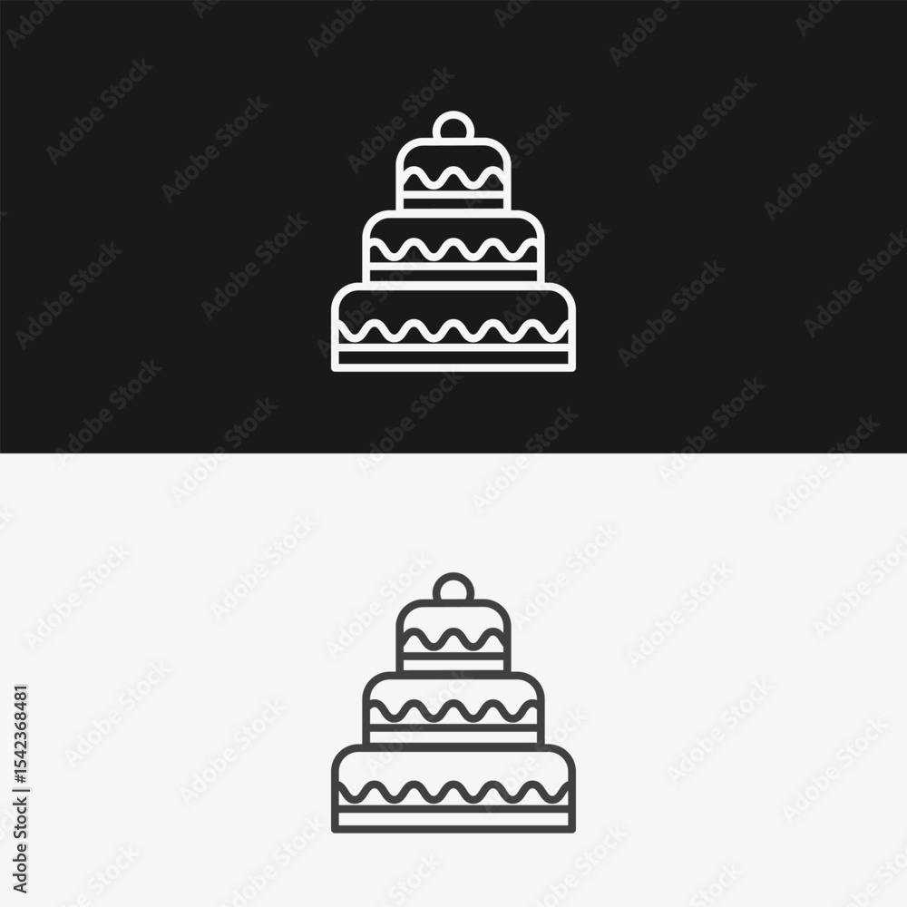 Tiered Wedding Cake or Celebration Cake on Black and White Backgrounds, Representing Events or Dessert, White Outline Icon Tiered Wedding Cake or Celebration Cake on Black and White Backgrounds, Representing Events or Dessert, White Outline Icon