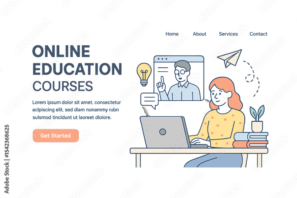 The design of a presentation slide template or a landing page website incorporates business concept illustrations in a modern flat outline style, often used for online education courses The design of a presentation slide template or a landing page website incorporates business concept illustrations in a modern flat outline style, often used for online education courses