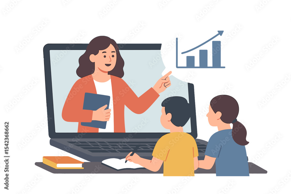 E-learning or online education, homeschooling, instructor teaching pupils on a computer laptop screen, remote learning, online course idea, new standard, vector flat graphic E-learning or online education, homeschooling, instructor teaching pupils on a computer laptop screen, remote learning, online course idea, new standard, vector flat graphic