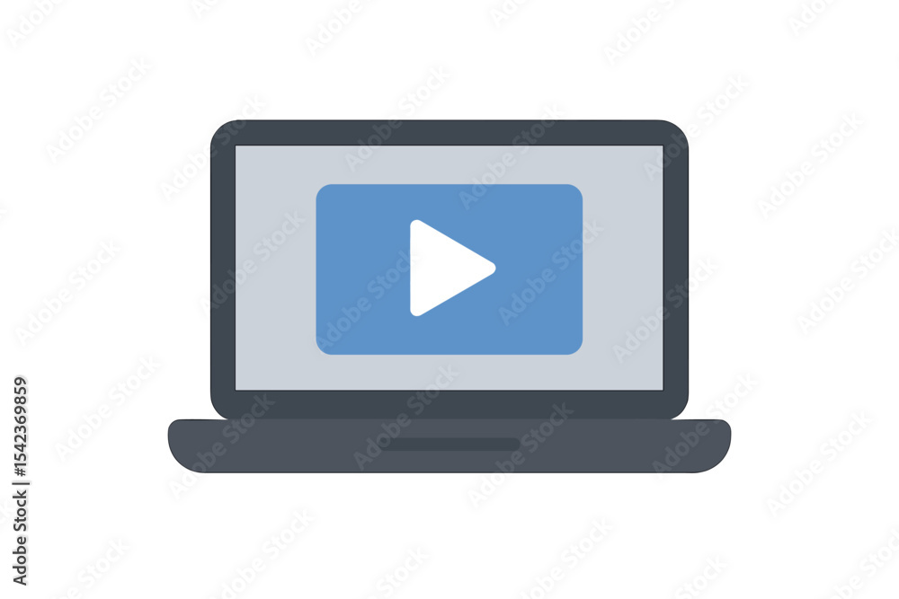 Laptop computer concept featuring a video media player icon, depicted as a vector flat illustration Laptop computer concept featuring a video media player icon, depicted as a vector flat illustration