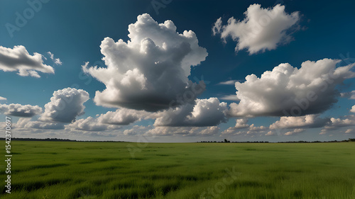 Open green field with bright blue sky and soft clouds, empty natural landscape