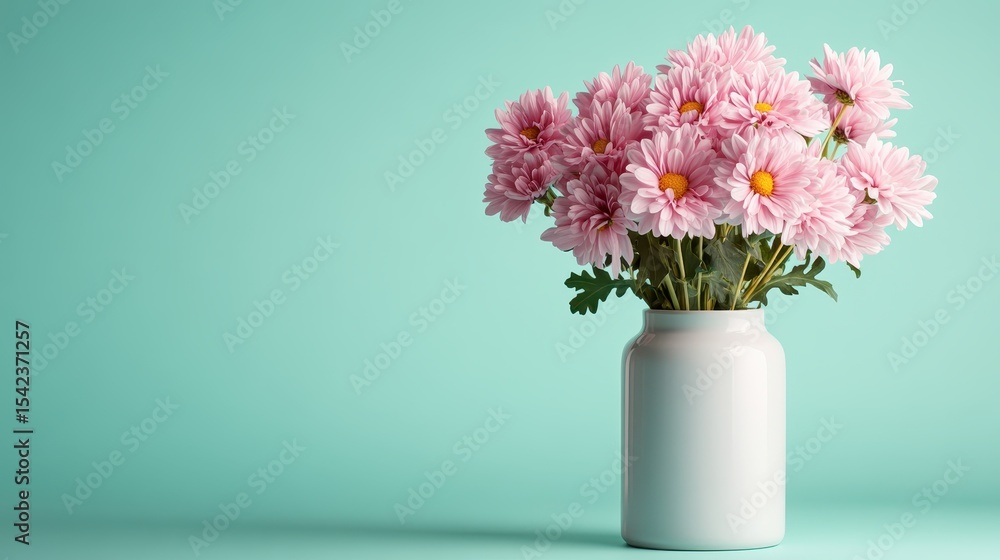 A charming arrangement of pink daisies blooms in a white vase against a soft turquoise background, representing freshness, beauty, and the simple joys of nature. A charming arrangement of pink daisies blooms in a white vase against a soft turquoise background, representing freshness, beauty, and the simple joys of nature.