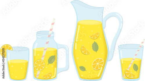 Set with pitcher, glass, jar of lemonade. Summer refreshing drink with lemon and mint. 