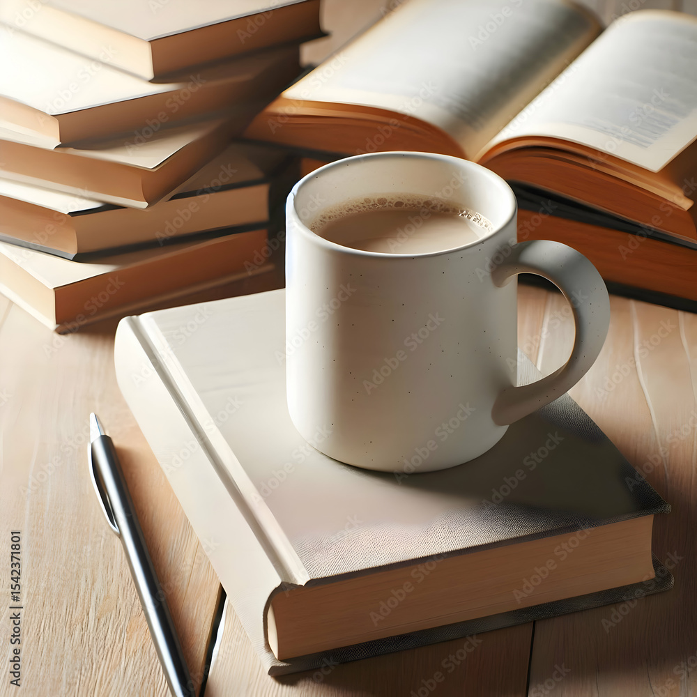 Fototapeta premium White ceramic mug placed on closed book on light wood table 