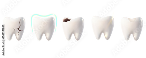 A set of healthy and damaged teeth. A tooth with a crack, filling, caries, and protection. Dentistry, dental care, orthodontics, oral health concept. 3D vector illustration on a white background