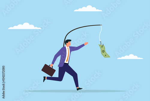 Vector illustration of a businessman running to catch money hanging in front of him, symbolizing the relentless pursuit of financial goals, ambition, and the drive for wealth
