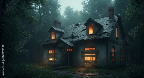 Mysterious old house in a foggy forest at night. Warm light emanates from the windows, creating an eerie and intriguing atmosphere. Ideal for concepts of horror, folklore, or mystery.