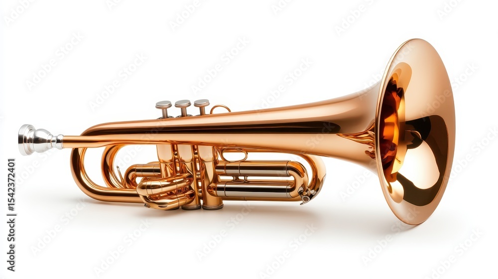 Obraz premium A close-up image of a shiny brass trombone, showcasing its elegant and intricate design, celebrating the artistry and craftsmanship of musical instruments in a contemporary setting.