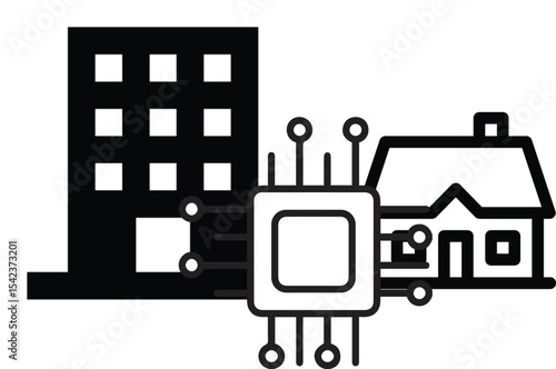 Smart City and Home Automation Concept – IoT Chip Integrating Digital Infrastructure with Urban and Residential Buildings