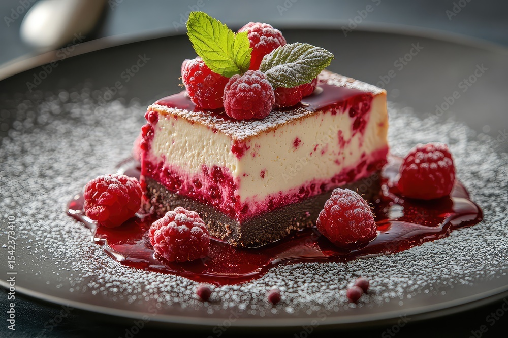 Fresh raspberries cascading over a rich raspberry cheesecake Fresh raspberries cascading over a rich raspberry cheesecake