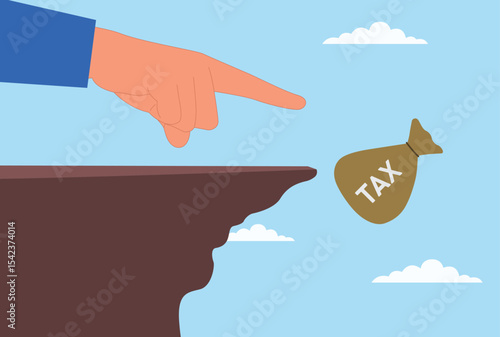 Vector illustration of a giant hand pushing a tax sack off the top of a mountain, representing the fight against heavy taxes and the pursuit of financial freedom and relief
