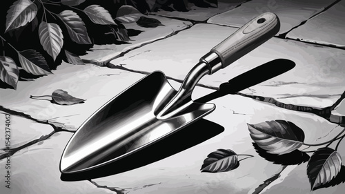  Vector Garden Trowel on Stone Path with Leaves, Hand Tool for Gardening.