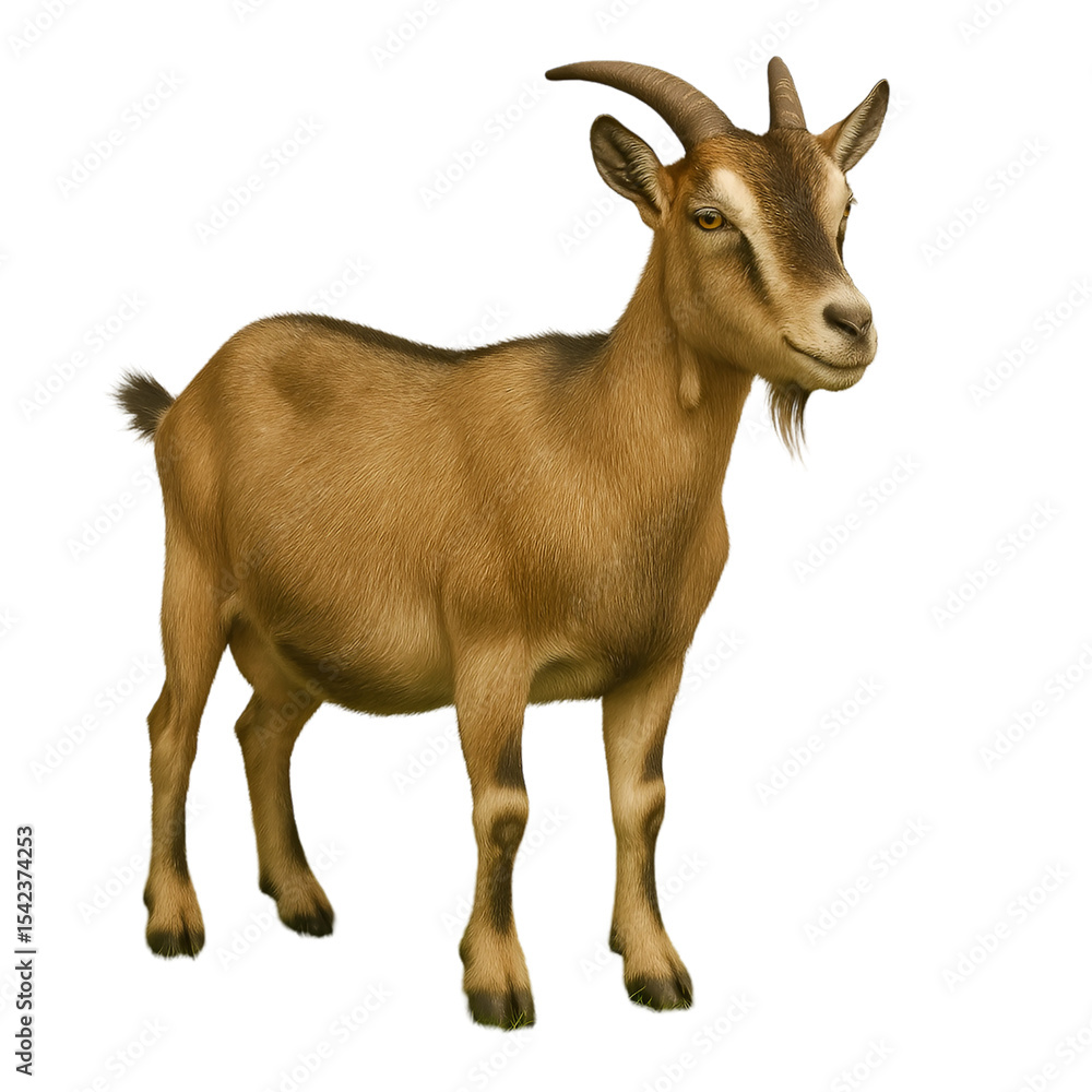 Obraz premium Brown and tan goat with curved horns standing on a plain background.