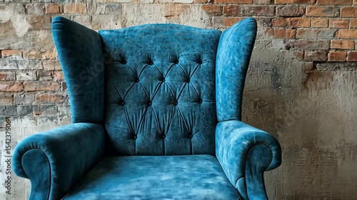 Elegant Teal Velvet Wingback Chair Against Brick Wall