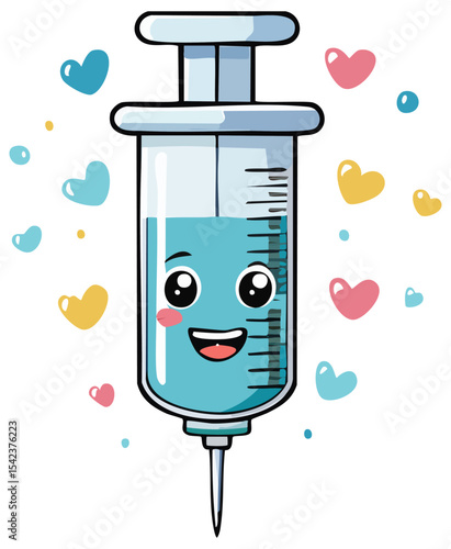 Cute cartoon medical syringe with happy face and hearts, clipart illustration, isolated 