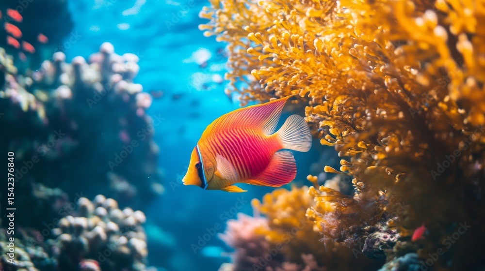 Obraz premium A vibrant fish swims gracefully among coral reefs. The underwater scene is alive with color. Witness the beauty of marine life in its natural habitat. Generative AI