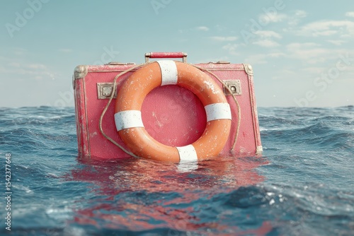 Lost baggage suitcase secured by a life ring floating in the ocean during a bright sunny day, illustrating the importance of travel insurance coverage for lost items