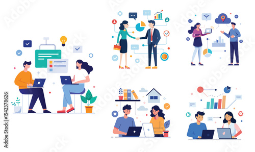 Illustration of business data transfer ideas. Flat style design set